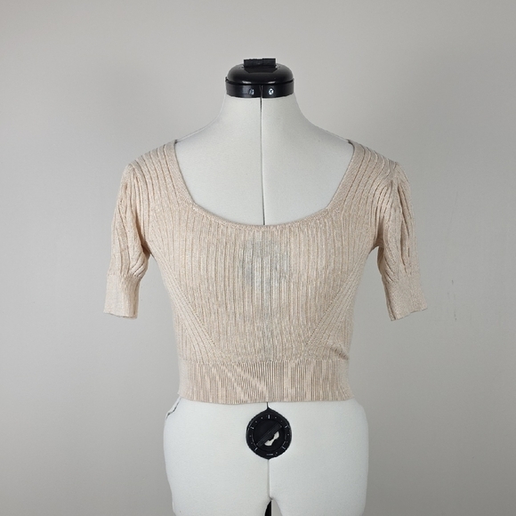 RVCA Beige Ribbed Knit Short Sleeve Cropped Sweater Top Women’s Size S - Picture 2 of 7